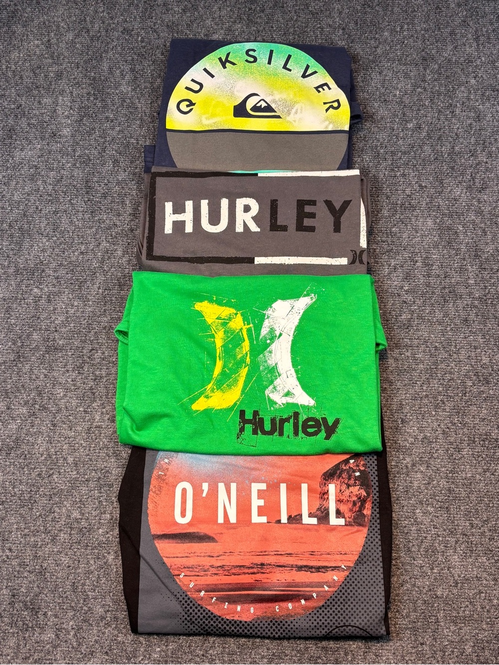 Hurley, O’Neill, Quicksilver tees men’s medium.